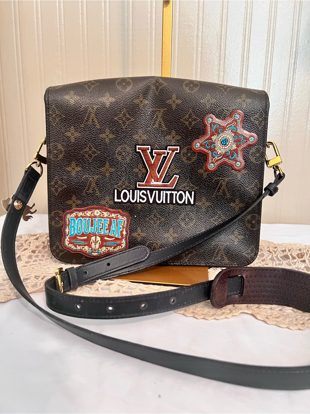 Louis Vuitton Brown Monogram Messenger Bag with Black Strap and Colorful Patches